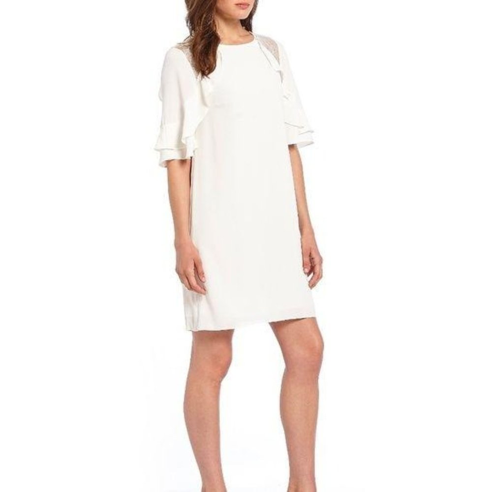 H by Halston Chalk Ruffle Short Sleeve Lace Detail Straight Shift Lace Dress 4